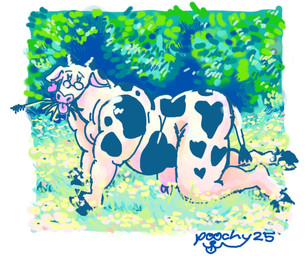 all_fours anthro biped black_spots border female flower grass heart_(marking) hooves horn leaf looking_at_viewer markings nipples pink_inner_ear plant slightly_chubby spots spotted_body teats tongue tongue_out udders white_body white_border poochie4girls bovid bovine cattle dairy_cattle holstein_friesian_cattle mammal 2025 dated hi_res signature