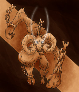 action_pose anthro athletic athletic_anthro athletic_male bound chain chain_leash chained clothed clothing glowing glowing_eyes hooves horn leash looking_at_viewer male partially_clothed pose simple_background solo toony loafofbirb inktober weretober bovid caprine mammal sheep hi_res