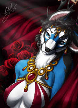 anthro black_hair black_nose blue_body blue_eyes blue_fur breasts clothed clothing curtains female fur gem gold_(metal) hair jewelry looking_at_viewer nipple_outline ruby_(gem) solo white_body white_fur thescarletartist canid canine mammal 2016 bust_portrait hi_res portrait