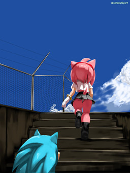 accessory anthro blue_body bottomwear bracelet butt clothing duo female gloves hair_accessory hairband handwear jewelry male outside panties pink_body school_uniform shirt skirt stairs topwear underwear uniform soranygyart sega sonic_the_hedgehog_(series) amy_rose sonic_the_hedgehog eulipotyphlan hedgehog mammal 2025 3:4 hi_res