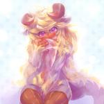 ambiguous_gender anthro blonde_hair clothing fur hair horn kemono long_hair looking_at_viewer open_mouth purple_eyes simple_background solo white_background cotora jewish_mythology mythology bovid bovine mammal mythological_behemoth 1:1