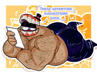 anthro arm_hair belly belly_hair biceps big_butt body_hair bottomwear butt chest_hair clothed clothing crossed_arms dialogue floating_eyes for_a_head hair hairy hat headgear headwear holding_object holding_paper kicking_legs lying male muscular muscular_anthro muscular_male not_furry on_front overweight overweight_anthro overweight_male pants paper reading reading_aloud reading_paper shortstack simple_background solo teeth text tight_bottomwear tight_clothing tight_fit top_hat topless crococola glitch_productions the_amazing_digital_circus caine_(tadc) digital_creature humanoid object_head tooth_creature 4:3 english_text