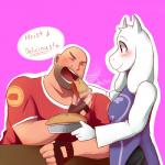 anthro blush clothed clothing dessert duo eating female food fur happy holding_food holding_object horn long_ears male open_mouth pastry pie pink_background robe simple_background smile text white_body white_fur filtrandez team_fortress_2 undertale undertale_(series) valve heavy_(team_fortress_2) toriel boss_monster_(undertale) bovid caprine human mammal 1:1 crossover english_text hi_res