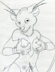 android antennae_(anatomy) anthro breasts female front_view fur holding_breast hyena looking_at_viewer machine mammal monochrome nipples nude robot ruaidri simple_background sine_(character) smile solo spotted_hyena white_background