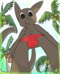 anthro black_eyes briefs bulge clothing fangs looking_at_viewer male palm_tree plant solo teeth tree underwear kukat kukat_(character) domestic_cat felid feline felis mammal hi_res