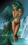 breasts clothed clothing covering covering_breasts covering_self feathered_wings feathers female green_eyes green_hair hair horn monster_girl_(genre) navel outside solo standing topless water wings alangutierrezart monster_rancher tecmo animal_humanoid demon granity_(monster_rancher) humanoid pixie pixie_(monster_rancher)