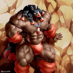 abs anthro biceps big_muscles black_hair clothed clothing dreadlocks hair huge_muscles hyper hyper_muscles jewelry male muscular muscular_anthro muscular_male necklace nipples partially_clothed pecs quads rock solo speedo swimwear kurogon nintendo pokemon equid generation_7_pokemon mammal mudsdale pokemon_(species) 1:1 2016 brown_theme hi_res warm_colors