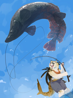 anthro black_body black_feathers black_fur blue_eyes blue_sky bottomwear clothing duo fangs feathers female feral fishing fishing_rod fur gills grey_body grey_bottomwear grey_clothing grey_pants grey_scales mouth_closed open_mouth outside pants partially_submerged red_clothing red_tongue red_topwear scales simple_eyes sky standing striped_body striped_fur stripes tan_body teeth tongue topwear unsigned white_body white_fur yellow_body yellow_fur corzh77 aquatic bear fish hybrid mammal absurd_res hi_res