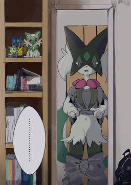 after_transformation ambiguous_gender anthro bodily_fluids bookshelf bottomwear bottomwear_down clothed clothing drooling fur furniture green_body green_fur inside looking_at_self mirror mirror_reflection navel open_mouth oversized_clothing pants pants_down partially_clothed pokemon_transformation red_eyes reflection saliva solo species_transformation speech_bubble transformation kusochibikemona nintendo pokemon generation_9_pokemon meowscarada pokemon_(species) absurd_res hi_res