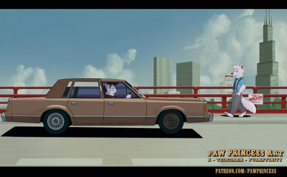 anthro banner biped black_bars car chicago fur grey_body grey_fur male male_anthro markings outside plantigrade retro spots spotted_body spotted_fur text vehicle white_body white_fur pawprincess lincoln_(car_brand) lincoln_town_car milo_(depressedlgbtkiwi) ozzy_(pawprincess) arctic_fox canid canine felid feline fox mammal pantherine snow_leopard true_fox absurd_res hi_res letterbox url
