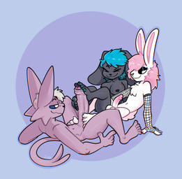 5_toes anthro anthrofied armwear big_penis bisexual black_body black_fur black_nipples blue_hair breasts clothing collaborative collaborative_footjob collaborative_sex erection eyes_closed feet female femboy fishnet_armwear fishnet_clothing foot_fetish foot_play footjob foreskin fur genitals grey_hair group group_sex hair humanoid_feet humanoid_genitalia humanoid_penis intimate long_hair long_penis makeup male male/female male/male mmf_threesome narrowed_eyes navel nipples nude penile penis pink_hair plantigrade pokemorph purple_body purple_fur sex smile threesome toes trio white_body white_fur xing1 nintendo pokemon glazed_(character) tzuni_(tzuni26) eeveelution espeon generation_2_pokemon lagomorph leporid mammal pokemon_(species) rabbit absurd_res hi_res