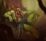 3_fingers beard ear_piercing facial_hair fingers green_body hair long_ears male mustache piercing plant red_hair solo tree crona_(artist) blizzard_entertainment warcraft humanoid troll_(mythology)