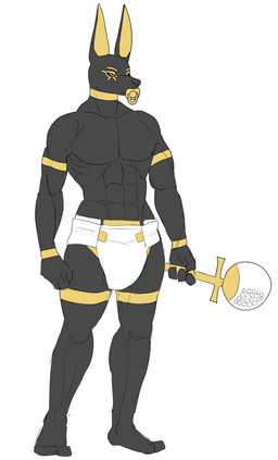 abdl abs ageplay anthro black_sclera clothed clothing diaper grey_body holding_object holding_staff infantilism male male_anthro markings mouth_closed muscular muscular_anthro muscular_male narrowed_eyes object_in_mouth pacifier pacifier_in_mouth pecs roleplay simple_background solo staff standing topless wearing_diaper white_background white_diaper yellow_eyes yellow_markings hardscales egyptian_mythology middle_eastern_mythology mythology anubis canid canine canis deity jackal mammal full-length_portrait hi_res portrait