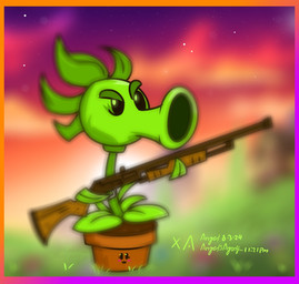 :3 ambiguous_gender black_eyes blurred_background blush border cloud duo empty_eyes eyebrows eyelashes green_body green_eyebrows green_hair gun hair holding_gun holding_object holding_ranged_weapon holding_shotgun holding_weapon leaf leaf_arms leaf_hair not_furry orange_border outside plant plant_hair plant_pot potted_plant pseudo_hair purple_border purple_sky ranged_weapon shotgun siphon_(anatomy) sky star starry_sky text three-quarter_view weapon angelsagony electronic_arts plants_vs._zombies popcap_games animate_inanimate elemental_creature flora_fauna flower_pot_(pvz) peashooter_(pvz) repeater_(pvz) 2024 artist_name colored dated digital_media_(artwork) hi_res shaded