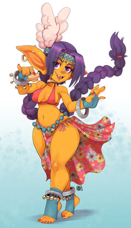 accessory bare_shoulders beads belly_dancer big_breasts bracelet braided_hair braided_ponytail breasts circlet cleavage clothed clothing colored_nails digit_ring ear_piercing ear_ring facial_piercing female finger_ring fingerless_gloves gloves hair halter_top handwear headband humanoid_pointy_ears jewelry jingle_bell_anklet long_hair looking_at_viewer midriff nails navel nose_piercing nostril_piercing not_furry open_mouth open_smile piercing pointy_ears pointy_nose ponytail purple_eyes purple_hair red_nails ring_piercing sarong sharp_teeth simple_background smile solo standing stirrup_footwear teeth thick_thighs tiptoes wide_hips yellow_body yellow_skin nerdbayne sangita_(shidyk) goblin humanoid 2026 absurd_res hi_res signature
