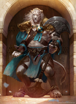 5_fingers anthro armor axe blue_eyes clothing digitigrade door eye_scar facial_scar fingers fur gloves hair handwear holding_axe holding_object male muscular muscular_anthro muscular_male pauldron scar solo standing tail white_body white_fur white_hair bram_sels hasbro magic:_the_gathering wizards_of_the_coast ajani_goldmane felid lion mammal pantherine 2018 hi_res official_art