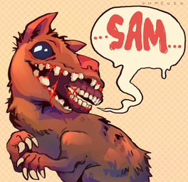 ambiguous_gender beady_eyes blood blood_on_mouth bodily_fluids brown_body brown_fur claws dialogue drip_effect dripping_speech_bubble feral fur inner_mouth messy_fur name_drop solo speech_bubble yumivik look_outside rat_child mammal murid murine rat rodent 2025 hi_res young_(lore)