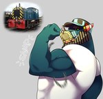 anthro clothing flexing flexing_bicep green_eyes hat headgear headwear male muscular reference_image shirt smile snap solo topwear train united_kingdom vehicle wildside british_rail how_to_dragon_your_train mythology dragon hybrid mythological_creature mythological_scalie scalie 2023 hi_res