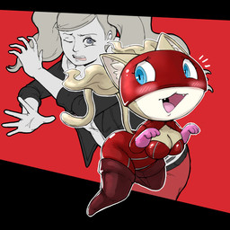 alternate_species anthro before_and_after blonde_hair blue_eyes boots breasts clothing female footwear gloves hair handwear human_to_anthro jacket legwear looking_back open_mouth red_background shoes simple_background solo species_transformation tail teeth thick_thighs thigh_boots thigh_highs topwear transformation wide_hips subakitsu atlus megami_tensei persona_(series) persona_5 sega ann_takamaki morgana_(persona) domestic_cat felid feline felis human mammal 1:1 2020