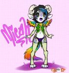 anthro chibi clothing feathered_wings feathers femboy hair horn legwear male multicolored_hair multicolored_tail open_mouth panties pink_background rainbow_hair rainbow_tail rainbow_wings simple_background solo sparklefur stockings tail underwear wings ghostblanketboy mammal