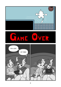 anthro bed bed_sheet bedding bedroom clothing death_screen dialogue duo emanata floppy_ears furniture game_over gameplay_mechanics head_tuft heart_(marking) impact_frame long_sleeve_shirt long_sleeves male markings pillow spikes tuft underwear young young_anthro young_male minishadefox nintendo nintendo_switch elliot_vance nico_florence canid canine canis domestic_dog mammal absurd_res black_and_white comic hi_res monochrome cousins_(lore)