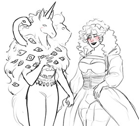 1_horn 3_heads ambiguous_gender belly_mouth big_breasts blush breasts cleavage_cutout clothing curly_hair cutout dress eyes_closed female female/ambiguous hair hand_holding hand_on_chest horn multi_eye multi_head multi_teeth open_mouth smile teeth celestial_buwan date_everything mythology betty_(date_everything) nightmare_(date_everything) chimera equid equine felid human lion mammal mythological_creature mythological_equine pantherine reptile scalie snake unicorn 2025 black_and_white hi_res monochrome sketch female_(lore)