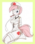 anthro anthrofied bandage bdsm blue_eyes blush bondage bound breasts clothing cutie_mark digital_media_(artwork) earth_pony equid equine female friendship_is_magic hair hasbro hat headgear headwear horse kloudmutt mammal medical_instrument my_little_pony navel nurse_redheart_(mlp) pink_hair pony red_cross scientific_instrument solo stethoscope submissive submissive_female tail thermometer weather_instrument