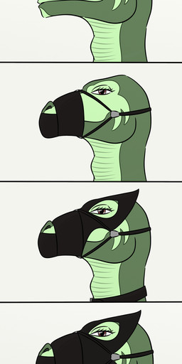 female gag leather mask muzzle_(object) muzzled red_eyes slave smile solo submissive fuckemall dinosaur dromaeosaurid lizard prehistoric_species reptile scalie theropod velociraptor absurd_res hi_res