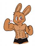 2017 4_fingers abs anthro biceps big_head big_muscles black_nose boxer_briefs brown_body brown_fur bulge clothed clothing digital_media_(artwork) fingers fist flexing front_view fur happy heart_eyes heart_symbol lagomorph leporid looking_at_viewer male mammal muscular muscular_anthro muscular_male oob open_mouth open_smile pecs rabbit red_eyes scut_tail short_tail simple_background skimpy smile solo standing tail toony topless underwear vein white_background
