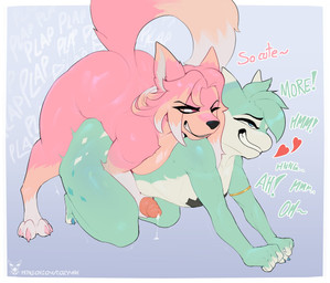 anal anal_penetration anthro anthro_on_anthro anthro_penetrated anthro_penetrating anthro_penetrating_anthro big_butt bodily_fluids bottom_heavy breasts butt doggystyle dripping duo erection femboy from_behind_position fur genital_fluids genitals green_body green_fur gynomorph gynomorph/male gynomorph_penetrating gynomorph_penetrating_male half-closed_eyes handjob heart_symbol huge_butt humanoid_genitalia humanoid_penis intersex intersex/male intersex_penetrating intersex_penetrating_male looking_pleasured male male_penetrated narrowed_eyes nipple_tape nude one_eye_closed pasties pear-shaped_figure penetration penile penile_penetration penis penis_in_ass pink_body pink_fur precum precum_drip precum_string reach_around sex smile smirk smug smug_face smug_grin tan_body tan_fur tape text thick_thighs white_body white_fur wide_hips cozymun canid canine canis domestic_dog mammal english_text hi_res