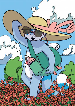 anthro baby_bottle big_glasses big_hat blue_body blue_fur clean_diaper clothed clothing cloud diaper diaper_bag diaper_only eyewear flower fur garden glasses hand_on_hat headgear headwear male markings open_mouth outside oversized_clothing oversized_headwear plant red_flower sky skyscape solo striped_markings striped_tail stripes tail tail_markings topless tree walking wearing_diaper young komipanda komi_pancakes ailurid mammal red_panda hi_res