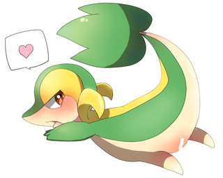 censor_bar censored_genitalia censored_vulva female feral genitals green_body heart_symbol leaf leaf_tail looking_back lying on_front open_mouth solo speech_bubble tail tan_body vulva yakiniku628 nintendo pokemon generation_5_pokemon pokemon_(species) snivy censored