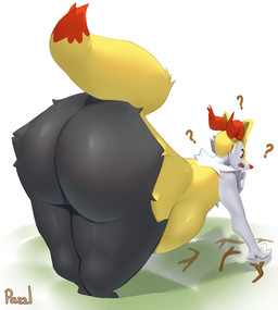 ambiguous_gender anthro belly bent_over big_belly big_butt black_body black_fur butt female flat_chested fur huge_butt inner_ear_fluff orange_body orange_eyes orange_fur orange_nose overweight overweight_anthro overweight_female pokemorph question_mark reaching_for_object solo stick tail thick_thighs tuft white_body white_fur wide_hips yellow_body yellow_fur pazzl nintendo pokemon braixen generation_6_pokemon pokemon_(species) hi_res