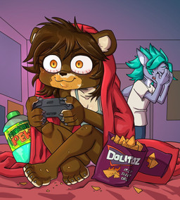 4_toes 5_fingers anthro barefoot bedding biped black_bottomwear black_clothing black_nose black_pants blanket bloodshot_eyes bodily_fluids bottomwear breasts brown_body brown_hair ceiling claws cleavage closed_smile clothed clothed_anthro clothed_female clothed_male clothing controller countershade_face countershade_feet countershade_torso countershading covering covering_face crossed_legs crossgender crying dorsal_fin duo eyebrow_through_hair eyebrows eyelashes feet female female_anthro fin finger_claws fingers ftm_crossgender fully_clothed fully_clothed_anthro fully_clothed_male game_controller gaming gills green_hair grey_body hair holding_controller holding_game_controller holding_object humanoid_hands inside male male_anthro mouth_closed mtf_crossgender multicolored_body open_mouth panties pants pantsless pantsless_anthro pantsless_female plantigrade pupils round_ears sharp_teeth shirt short_hair sitting small_breasts smile standing tank_top tears teeth text toe_claws toes topwear translucent translucent_hair two_tone_body underwear wall_(structure) white_body white_countershading daigaijin doritos frito-lay mountain_dew alexis_(fjordslord) byran_(fjordslord) aquatic felid fish lion mammal pantherine shark 2025 english_text hi_res