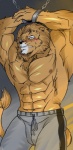 2013 abs anthro athletic biceps big_muscles blush bodily_fluids bottomwear brown_body brown_fur bulge clothed clothing felid fur hair hentist hi_res lion male mammal muscular muscular_anthro muscular_male nipples pantherine pants pecs pose shishimaru_genjurou solo sweat topless