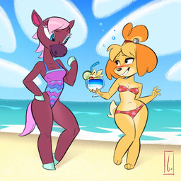 3_toes alcohol anthro bandeau_bikini barefoot beach beverage bikini bikini_bottom bikini_top black_nose blue_sky blush breasts cleavage clothed clothing cloud cocktail day digitigrade drunk duo facial_markings feet female floppy_ears grin hair head_markings holding_beverage holding_glass holding_object hoof_hands hooves lop_ears markings muzzle_(marking) navel one-piece_swimsuit outside pink_hair pink_tail red_bikini red_clothing red_swimwear sea seaside semi-anthro sky slim smile substance_intoxication swimwear tail teal_hooves toes two-piece_swimsuit undercut unguligrade vacation_juice water birchly animal_crossing nintendo isabelle_(animal_crossing) reneigh_(animal_crossing) canid canine canis domestic_dog equid equine horse mammal shih_tzu toy_dog 1:1 2020 hi_res