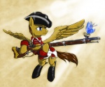 blue_eyes boots brown_hair clothing cloud duo feathered_wings feathers feral flying footwear gun hair hat headgear headwear jacket male musket outside quadruped ranged_weapon redcoat rifle shoes sky skyscape tail topwear weapon wings madhotaru hasbro my_little_pony mythology arthropod butterfly equid equine insect lepidopteran mammal mythological_creature mythological_equine pegasus 2013 6:5