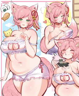 belly big_breasts breasts cat_bra cleavage_cutout cutout eating facial_markings female food green_eyes hair head_markings huge_breasts looking_at_viewer markings navel open_mouth open_smile overweight overweight_female overweight_humanoid pink_hair smile smiling_at_viewer solo sushi tail noiretox animal_humanoid cat_humanoid felid felid_humanoid feline feline_humanoid humanoid mammal mammal_humanoid absurd_res character_request hi_res