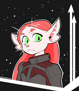 anthro armor bodysuit clothed clothing directional_arrow female fur green_eyes hair long_hair looking_at_viewer red_hair science_fiction skinsuit solo space star text tight_clothing whiskers white_body white_fur mardymuntjak voices_of_the_void alien ariral felid feline mammal 2025 artist_name digital_media_(artwork) hi_res