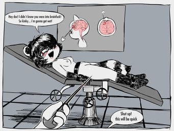 3_toes anthro aroused bed blush brain breasts dark_humor diagram dirty_talk doctor duo eager feet female floor furniture genitals hospital_bed imminent_lobotomy insane leucotome lobotomy male markings masochism medical_instrument morbid natural_breasts navel nipples nude offscreen_male organs peril profanity red_eyes restrained ring_(marking) ringed_tail ryona scientific_instrument sharp_teeth smile striped_markings striped_tail stripes tail tail_between_legs tail_markings teeth text tile tile_floor toes ventral_groove vulva e254e cerise_(e254e) mammal procyonid raccoon 4:3 absurd_res english_text hi_res