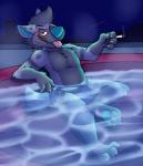 3_toes 4_fingers anthro arm_tuft biped black_body black_fur blue_nose blue_pawpads blush bulge cheek_tuft claws clothed clothing drugs elbow_tuft facial_tuft feet fingers fur green_eyes grey_body grey_fur grey_tail hair half-closed_eyes holding_object hot_tub jockstrap knee_tuft leg_tuft looking_at_viewer male marijuana markings multicolored_body multicolored_fur narrowed_eyes night open_mouth open_smile outside pawpads pink_tongue sitting sky smile smoke smoking solo spots spotted_body spotted_fur star starry_sky tail teeth toe_claws toes tongue tongue_out topless tuft two_tone_tail underwear water rotten_robbie frisky_hyena hyena mammal spotted_hyena hi_res