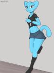 anthro blue_body blue_fur bottomwear clothed clothing devil_horns_(gesture) female fully_clothed fur gesture half-shirt hand_gesture lightning_bolt mature_anthro mature_female midriff navel pink_nose skirt sluzzle_tag smile solo howl_echoes cartoon_network the_amazing_world_of_gumball nicole_watterson domestic_cat felid feline felis mammal 3:4 absurd_res digital_media_(artwork) hi_res