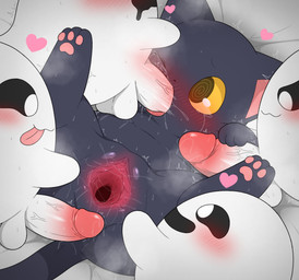 anthro bed big_penis black_body black_fur blush bodily_fluids breath dripping female feral forced fur furniture genital_fluids genitals group hand_on_leg hand_on_thigh heart_symbol imminent_sex looking_pleasured male male/female open_mouth penis precum precum_drip rape saliva saliva_on_tongue saliva_string sex shaking smile spiral spiral_eyes spread_legs spread_vulva spreading sweat sweaty_genitalia tail tears tongue trembling urethra vaginal_fluids vulva white_body yellow_eyes leafeon0927 domestic_cat felid feline felis ghost mammal spirit absurd_res hi_res