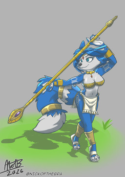 anthro arm_tattoo armor blue_body blue_eyes blue_fur clothing female fur gem jewelry leg_tattoo ring solo staff tattoo nickofthebra nintendo star_fox krystal_(star_fox) canid canine fox mammal 2026 absurd_res colored hi_res
