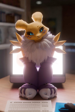 anthro black_sclera blue_eyes clothed clothing coming_out_of_monitor computer_monitor computer_screen female fingerless_gloves fur fur_markings gloves glowing glowing_eyes handwear inside looking_at_viewer mane markings multicolored_body multicolored_fur purple_markings ruff smile solo white_body white_fur yellow_body yellow_fur fever-dreamer dogzeela_(modeler) bandai_namco digimon canid canine digimon_(species) fox mammal renamon 2023 2:3 3d_(artwork) absurd_res blender_(artwork) digital_media_(artwork) hi_res