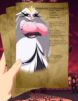 anthro big_breasts black_text breasts clothing crossed_arms crown disembodied_hand dress female first_person_view fur hair headgear holding_object holding_paper huge_breasts human_pov long_hair looking_at_viewer paper pink_eyes pov_hands solo_focus standing text white_body white_face white_fur white_hair xml_xrossover_(artist) hellaverse helluva_boss stella_(helluva_boss) anatid anseriform anserine avian avian_demon bird demon human mammal swan absurd_res hi_res