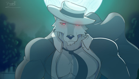 anthro barazoku clothed clothing evil_face hat headgear headwear looking_at_viewer male muscular muscular_anthro muscular_male necktie parody pecs red_eyes solo pinumontbalou demon_slayer epic_games fortnite kimetsu_no_yaiba muzan_kibutsuji wendell_(fortnite) canid canine canis demon mammal wolf crossover hi_res