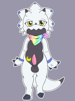 animal_genitalia anthro balls belly claws erection genitals horn kerchief kerchief_only male mostly_nude navel neckerchief neckerchief_only neckwear non-mammal_balls penis sheath slightly_chubby solo standing white_body yellow_eyes young young_male mrpandragon bandai_namco digimon toby_the_gammamon digimon_(species) gammamon scalie 3:4 absurd_res hi_res