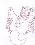 animal_skin anthro balls butt claws eyelashes feet fingers genitals horn humanoid_genitalia humanoid_penis male paws penis sharp_teeth solo teeth toe_claws toes tongue marc_leonhardt bandai_namco digimon digimon_(species) gabumon reptile scalie