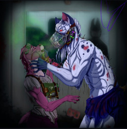 albino anthro asphyxiation blood blood_in_mouth blood_splatter bodily_fluids body_hair bottomwear brick choking claws clothing cortex_virus creepy_face death duo dying fangs female fur fur_markings happy_trail horror_(expression) horror_(theme) ill insane killing male markings mask nosebleed pawpads pink_body pink_fur red_eyes scar scared scary snarling spots spotted_body spotted_fur teeth torn_bottomwear torn_clothing toxic_gas wounded acesshade akaishade deadlyassassin monster_energy outlast horror_story_(character) felid feline hyena mammal monster spotted_hyena
